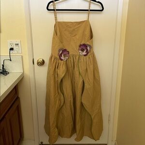 Farm Rio square neckline beige sleeveless midi dress floral cut out